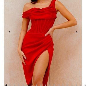 House of CB Lulu Red Asymmetric Drape Midi Corset Dress
